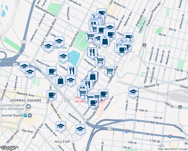 map of restaurants, bars, coffee shops, grocery stores, and more near 173 Oakland Avenue in Jersey City