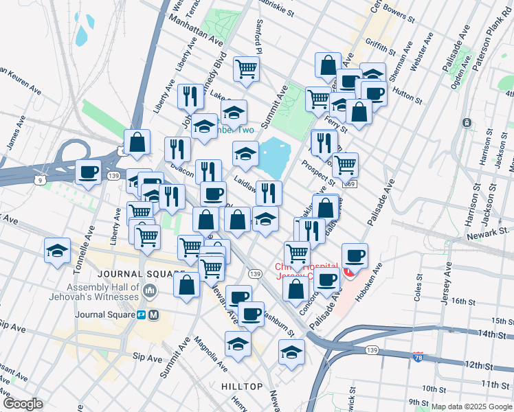map of restaurants, bars, coffee shops, grocery stores, and more near 153 Laidlaw Avenue in Jersey City