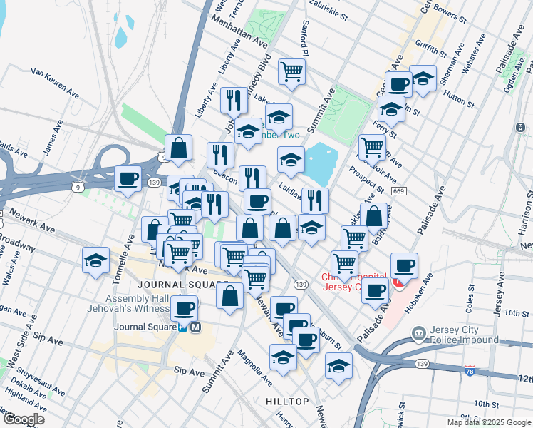 map of restaurants, bars, coffee shops, grocery stores, and more near in Jersey City