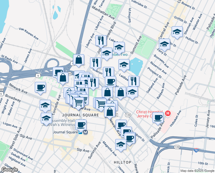 map of restaurants, bars, coffee shops, grocery stores, and more near 203 Hopkins Avenue in Jersey City