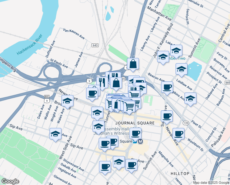 map of restaurants, bars, coffee shops, grocery stores, and more near 225 Tonnelle Avenue in Jersey City