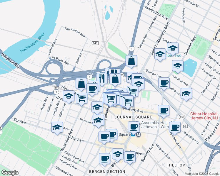 map of restaurants, bars, coffee shops, grocery stores, and more near 334 Saint Pauls Avenue in Jersey City