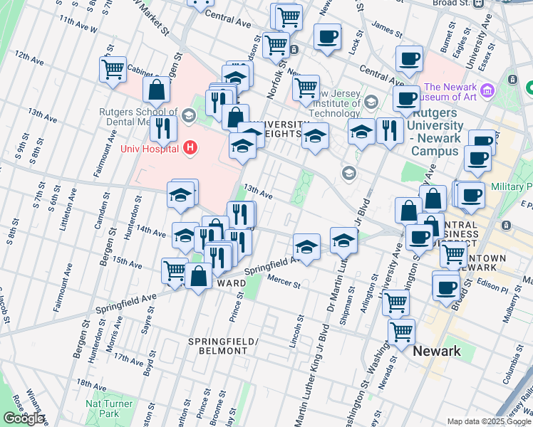 map of restaurants, bars, coffee shops, grocery stores, and more near 107 13th Avenue in Newark