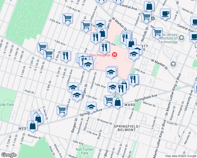 map of restaurants, bars, coffee shops, grocery stores, and more near 204-218 South Orange Avenue in Newark
