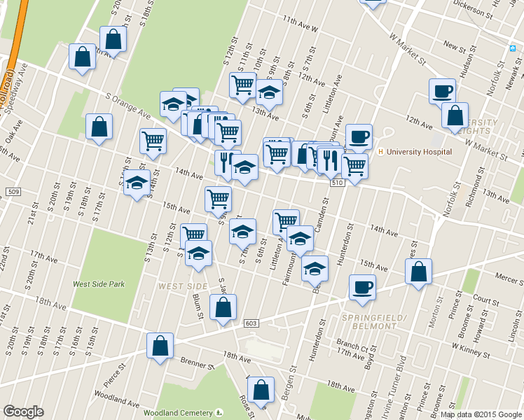 map of restaurants, bars, coffee shops, grocery stores, and more near 332 South 8th Street in Newark
