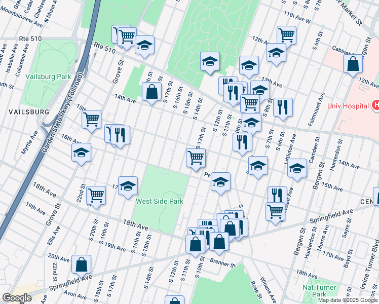 map of restaurants, bars, coffee shops, grocery stores, and more near 552 15th Avenue in Newark