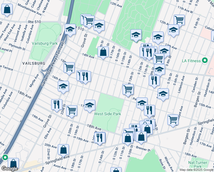 map of restaurants, bars, coffee shops, grocery stores, and more near 512 South 17th Street in Newark