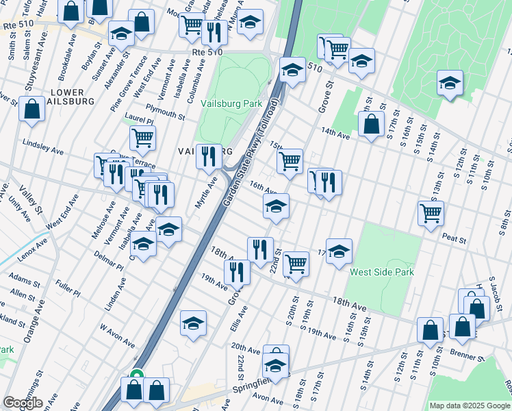 map of restaurants, bars, coffee shops, grocery stores, and more near 34 Arverne Terrace in Irvington
