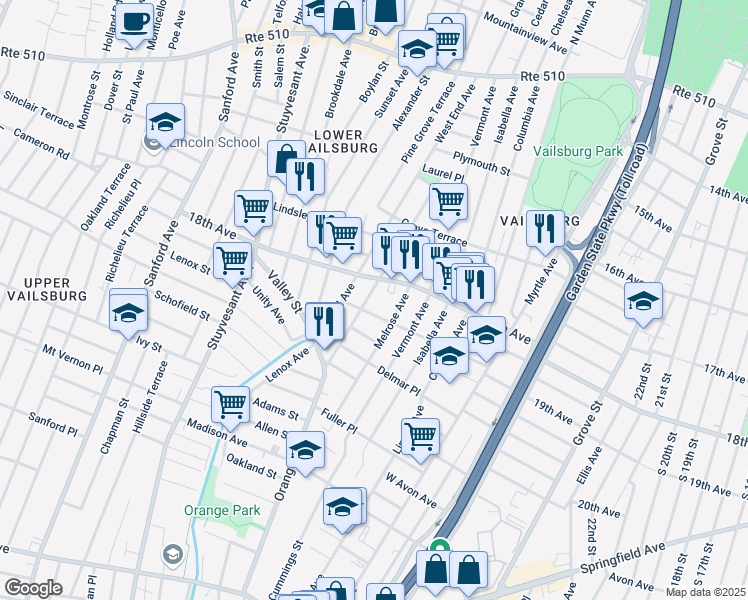 map of restaurants, bars, coffee shops, grocery stores, and more near 927 18th Avenue in Newark