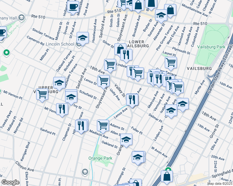 map of restaurants, bars, coffee shops, grocery stores, and more near 70 Valley Street in Newark