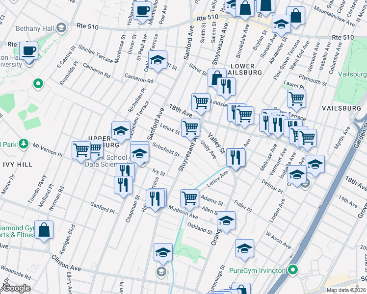 map of restaurants, bars, coffee shops, grocery stores, and more near 9 Lenox Street in Newark
