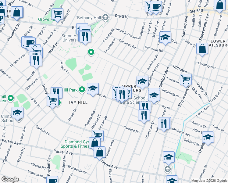 map of restaurants, bars, coffee shops, grocery stores, and more near 200 Ivy Street in Newark