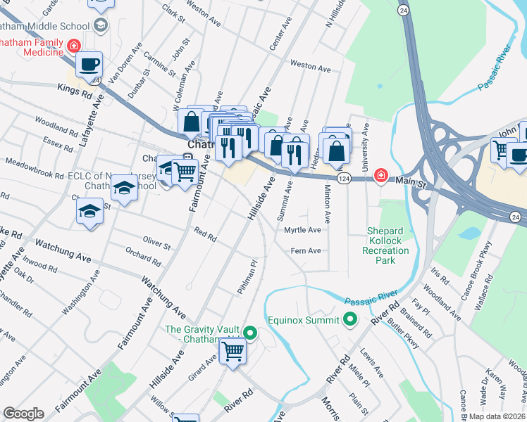 map of restaurants, bars, coffee shops, grocery stores, and more near 38 Hillside Avenue in Chatham