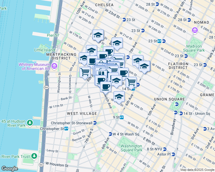 map of restaurants, bars, coffee shops, grocery stores, and more near 30 7th Avenue in New York