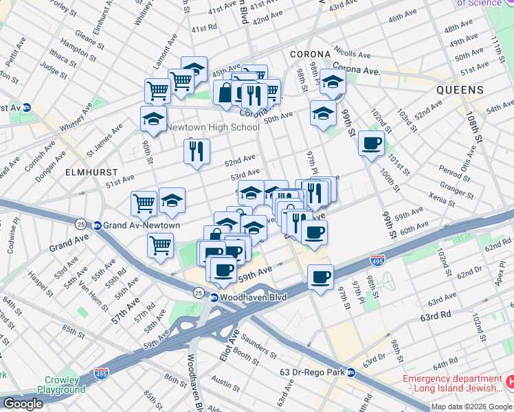 map of restaurants, bars, coffee shops, grocery stores, and more near 94-24 54th Avenue in Queens