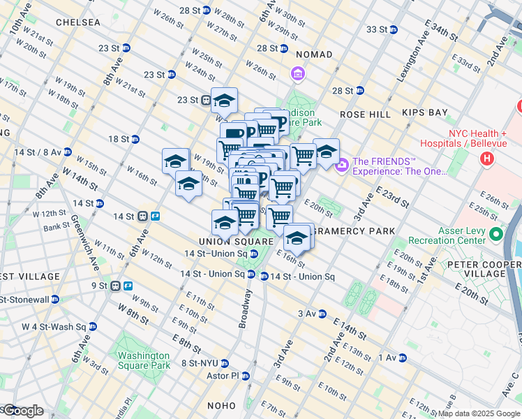 map of restaurants, bars, coffee shops, grocery stores, and more near Broadway & E 18th St in New York