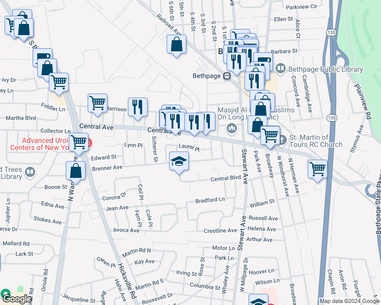 map of restaurants, bars, coffee shops, grocery stores, and more near 6 Saint Martin Street in Bethpage
