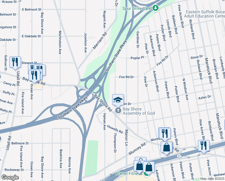 map of restaurants, bars, coffee shops, grocery stores, and more near 1396 Thompson Drive in Bay Shore
