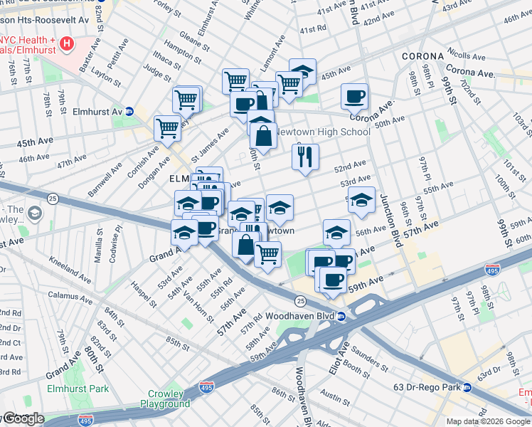 map of restaurants, bars, coffee shops, grocery stores, and more near 52-09 90th Street in Queens