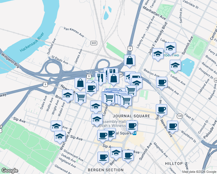 map of restaurants, bars, coffee shops, grocery stores, and more near 334 Saint Pauls Avenue in Jersey City