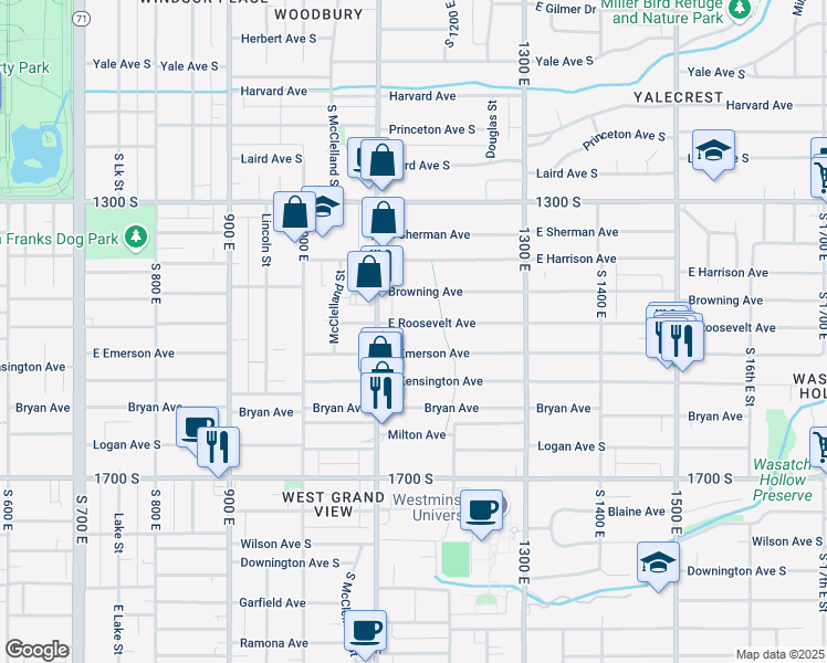 map of restaurants, bars, coffee shops, grocery stores, and more near 1151 Roosevelt Avenue South in Salt Lake City