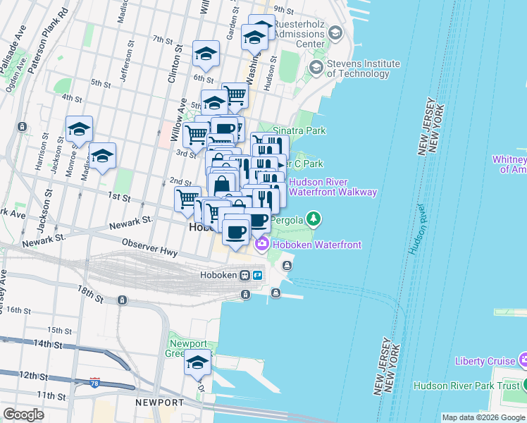 map of restaurants, bars, coffee shops, grocery stores, and more near 121 River Street in Hoboken