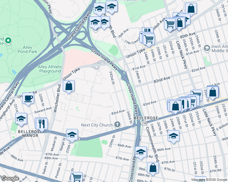 map of restaurants, bars, coffee shops, grocery stores, and more near 81-36 242nd Street in Queens