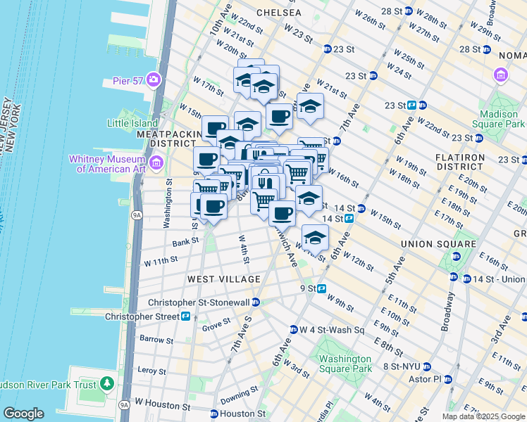 map of restaurants, bars, coffee shops, grocery stores, and more near 121 Greenwich Avenue in New York