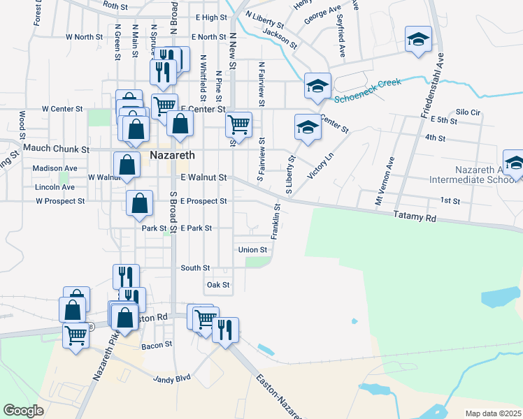 map of restaurants, bars, coffee shops, grocery stores, and more near 344 East Prospect Street in Nazareth