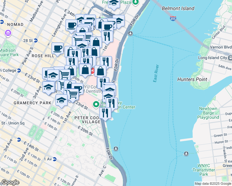 map of restaurants, bars, coffee shops, grocery stores, and more near 40 Waterside Plaza in New York