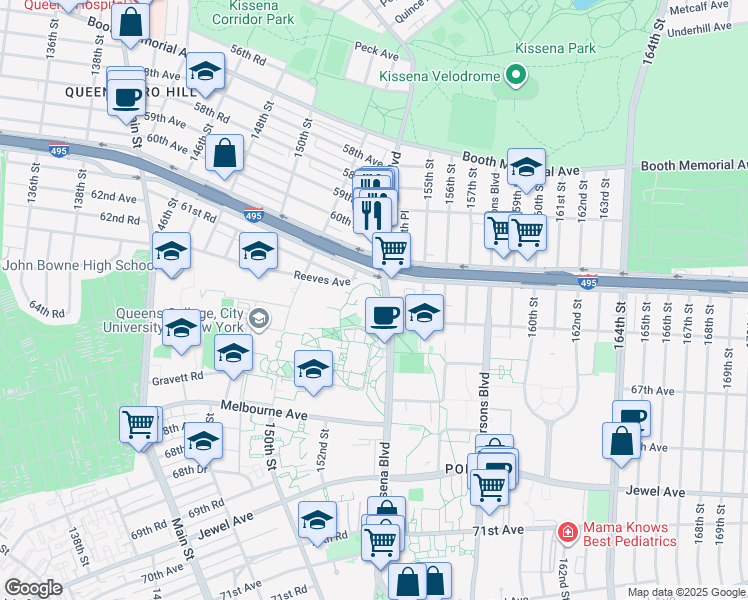 map of restaurants, bars, coffee shops, grocery stores, and more near 6530 Kissena Boulevard in Queens
