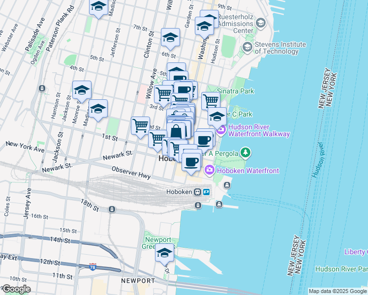 map of restaurants, bars, coffee shops, grocery stores, and more near 128 Washington Street in Hoboken