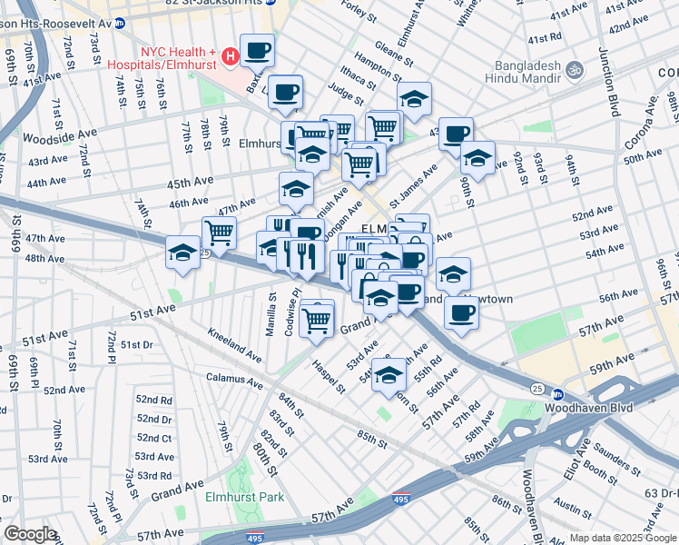 map of restaurants, bars, coffee shops, grocery stores, and more near 82-25 Saint James Avenue in Queens