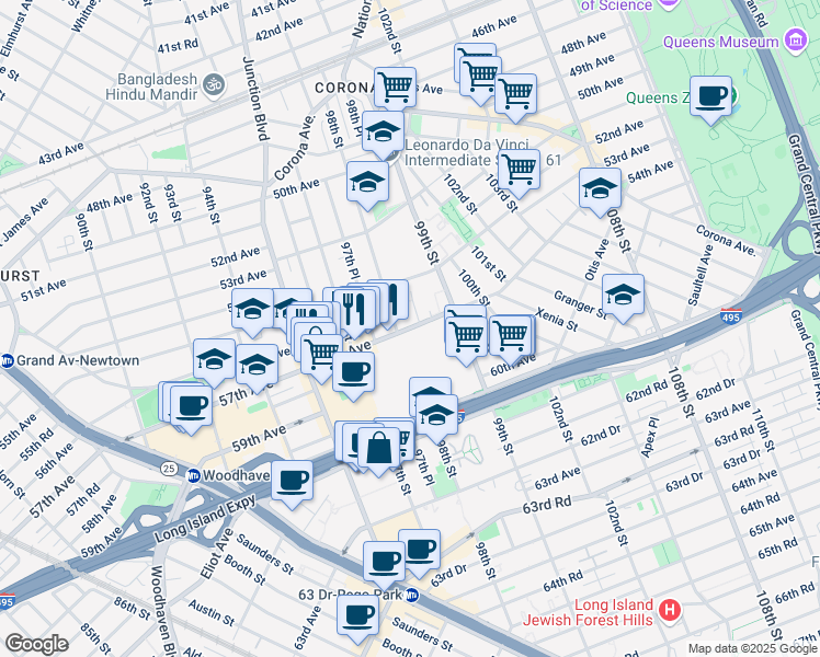 map of restaurants, bars, coffee shops, grocery stores, and more near 98-15 57th Avenue in Queens