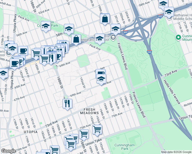 map of restaurants, bars, coffee shops, grocery stores, and more near 195-10 67th Avenue in Queens