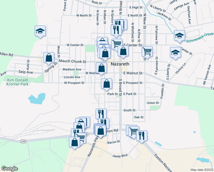 map of restaurants, bars, coffee shops, grocery stores, and more near 213 South Main Street in Nazareth