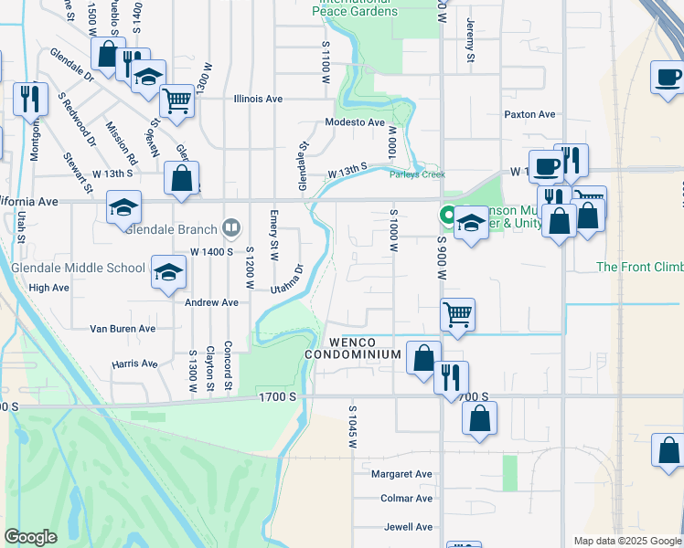map of restaurants, bars, coffee shops, grocery stores, and more near 1473 Riverside Drive in Salt Lake City