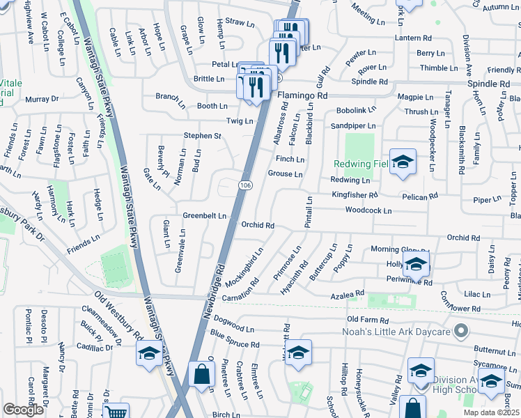map of restaurants, bars, coffee shops, grocery stores, and more near 97 Albatross Road in Levittown