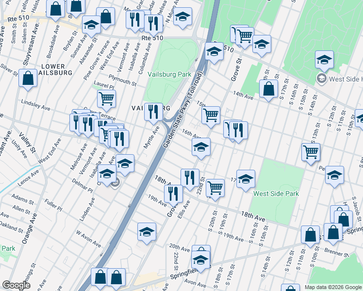 map of restaurants, bars, coffee shops, grocery stores, and more near 34 Arverne Terrace in Irvington