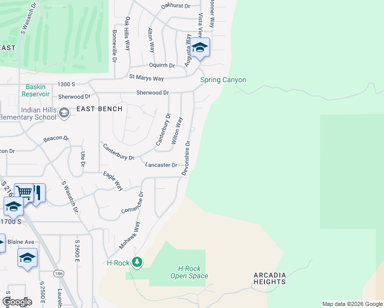map of restaurants, bars, coffee shops, grocery stores, and more near 1497 Devonshire Drive in Salt Lake City
