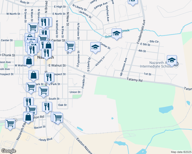 map of restaurants, bars, coffee shops, grocery stores, and more near 157 Victory Lane in Nazareth