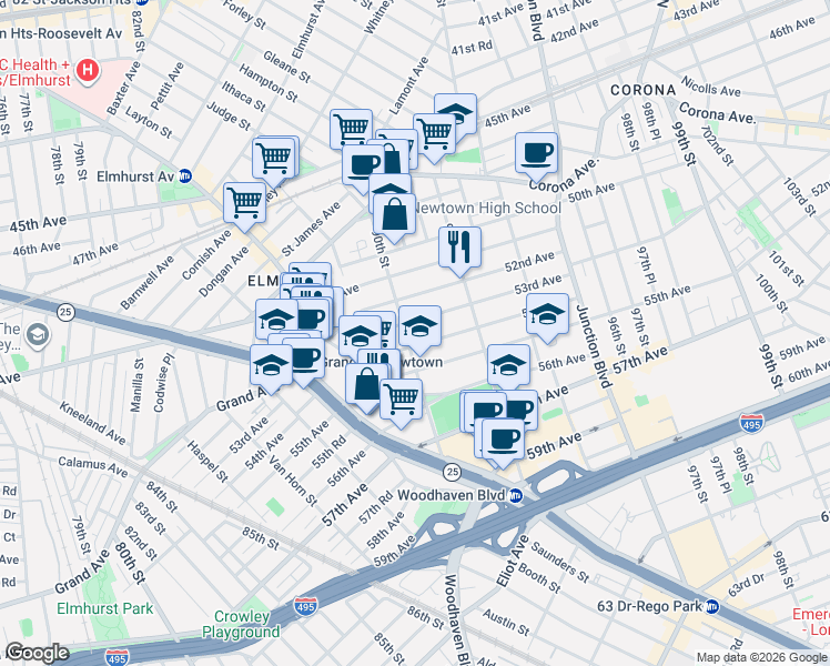 map of restaurants, bars, coffee shops, grocery stores, and more near 52-09 90th Street in Queens