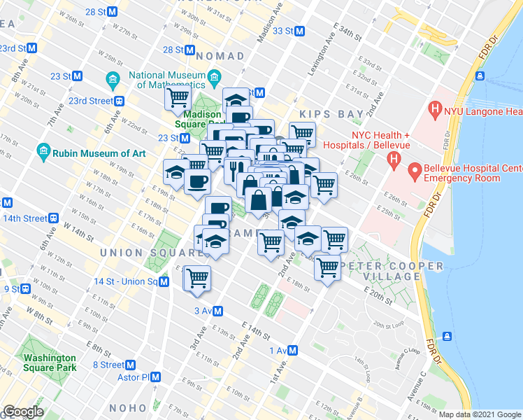 map of restaurants, bars, coffee shops, grocery stores, and more near 17 Lexington Avenue in New York