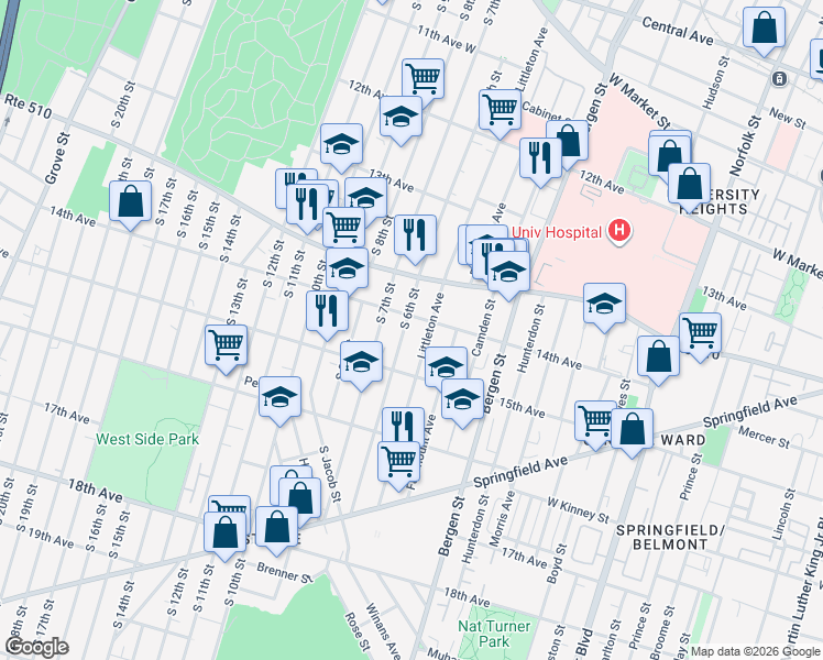 map of restaurants, bars, coffee shops, grocery stores, and more near in Newark