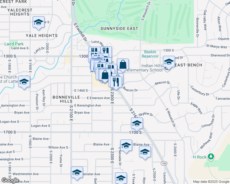 map of restaurants, bars, coffee shops, grocery stores, and more near 1440 Foothill Drive in Salt Lake City