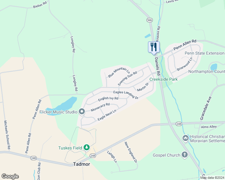 map of restaurants, bars, coffee shops, grocery stores, and more near 2154 Eagles Landing Drive in Nazareth