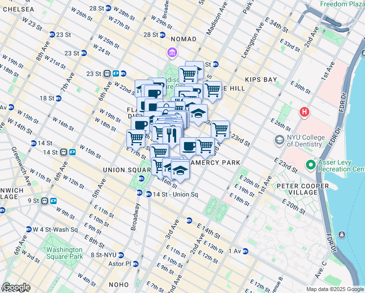 map of restaurants, bars, coffee shops, grocery stores, and more near 255 Park Avenue South in New York