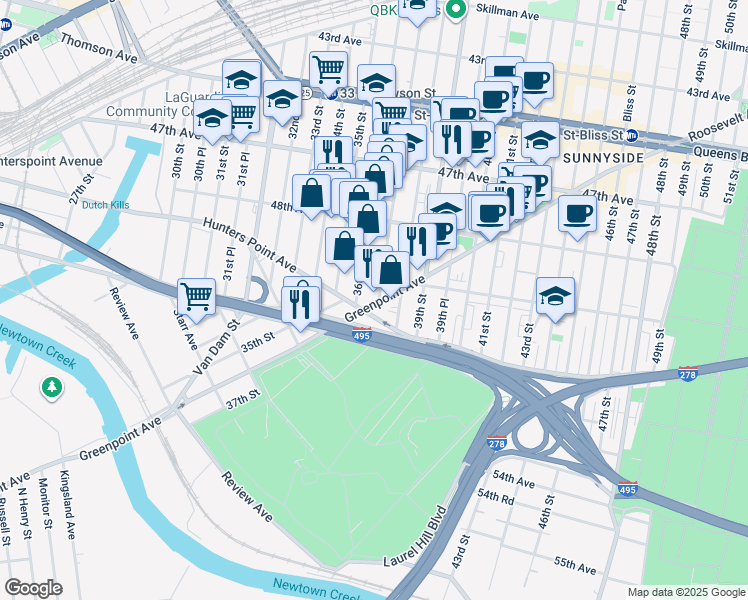 map of restaurants, bars, coffee shops, grocery stores, and more near 48-65 37th Street in Queens