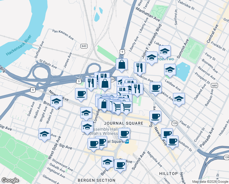 map of restaurants, bars, coffee shops, grocery stores, and more near 76 Liberty Avenue in Jersey City