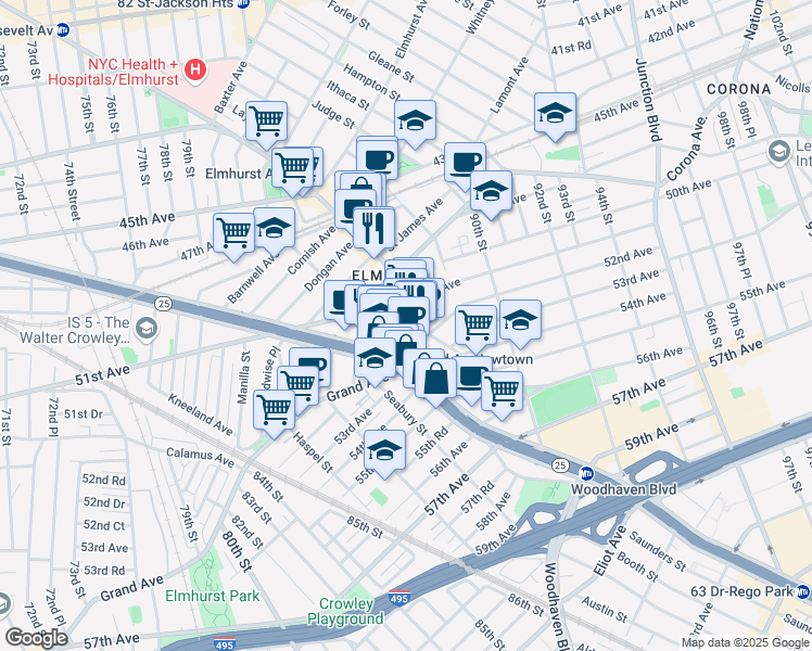 map of restaurants, bars, coffee shops, grocery stores, and more near 86-22 Broadway in Queens